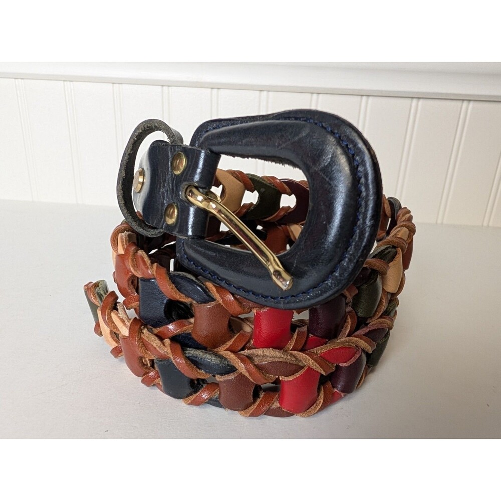VTG Dantesca Italy Multi-Color Braided Leather Belt Large 36 Navy Brass Buckle